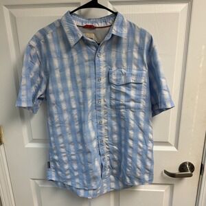 Simms Mens Blue Plaid Pearl Snap Short Sleeve Vented Fishing Shirt Size M